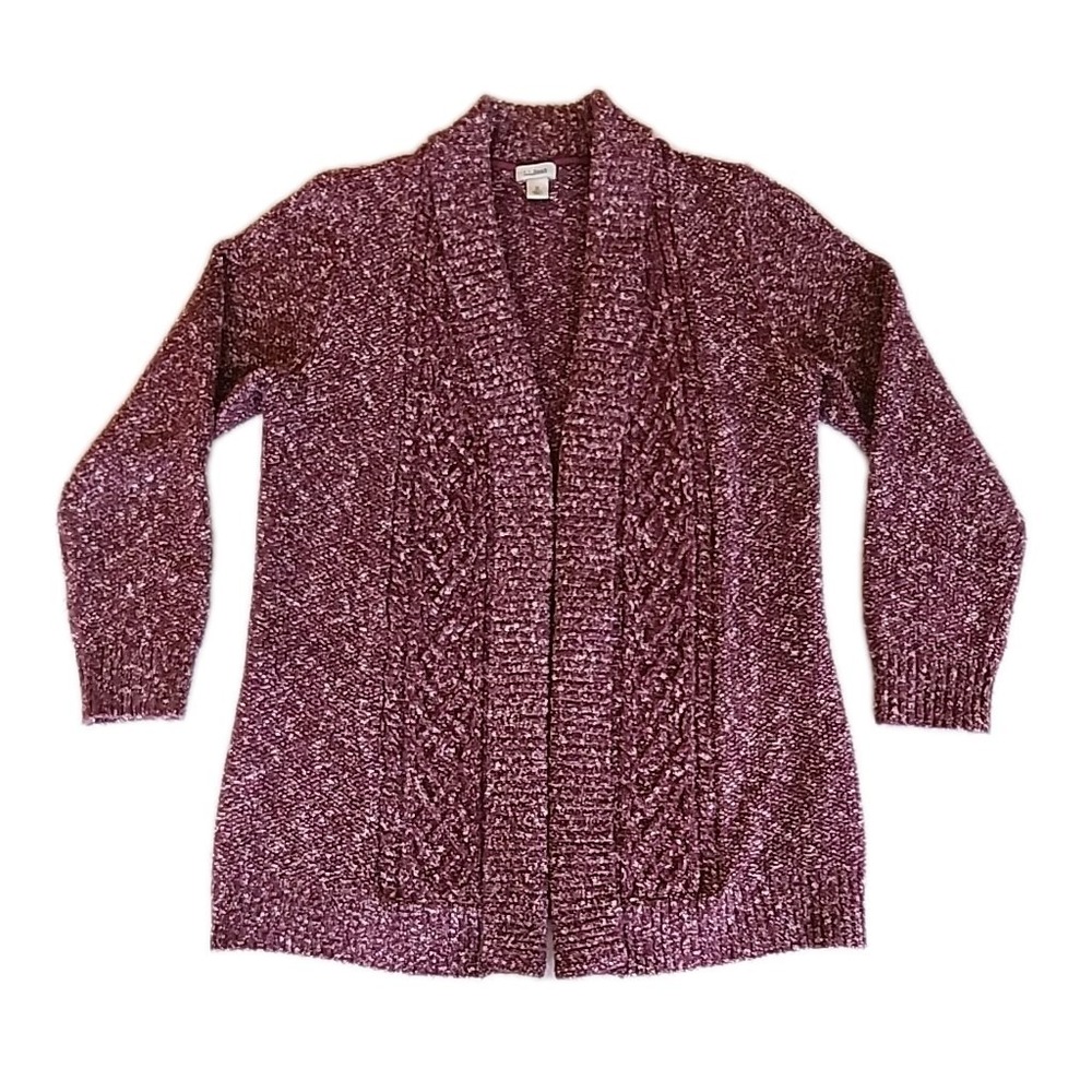 LL Bean Open Front Cardigan Chunky Cable Knit Shawl Collar Preppy Maroon Sz M